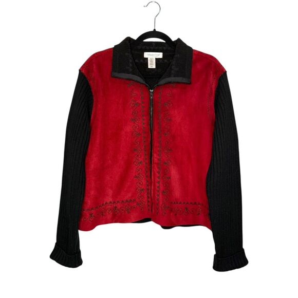 Coldwater Creek Women’s Large Faux Suede Zip Up Jacket Knit Sleeves Embroidered - Picture 1 of 6